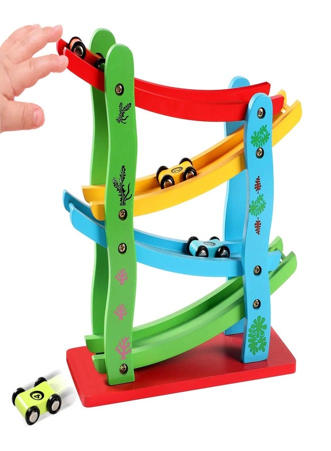 WISHKEY Wooden Ramp Race Track Set for Kids, Multilevel Twister Track Toy Set with Four Cars, Fun Playing Smooth Racing Car Slider Toy for Kids, Multicolor, 3+ Years (Pack of 1) - Image 1